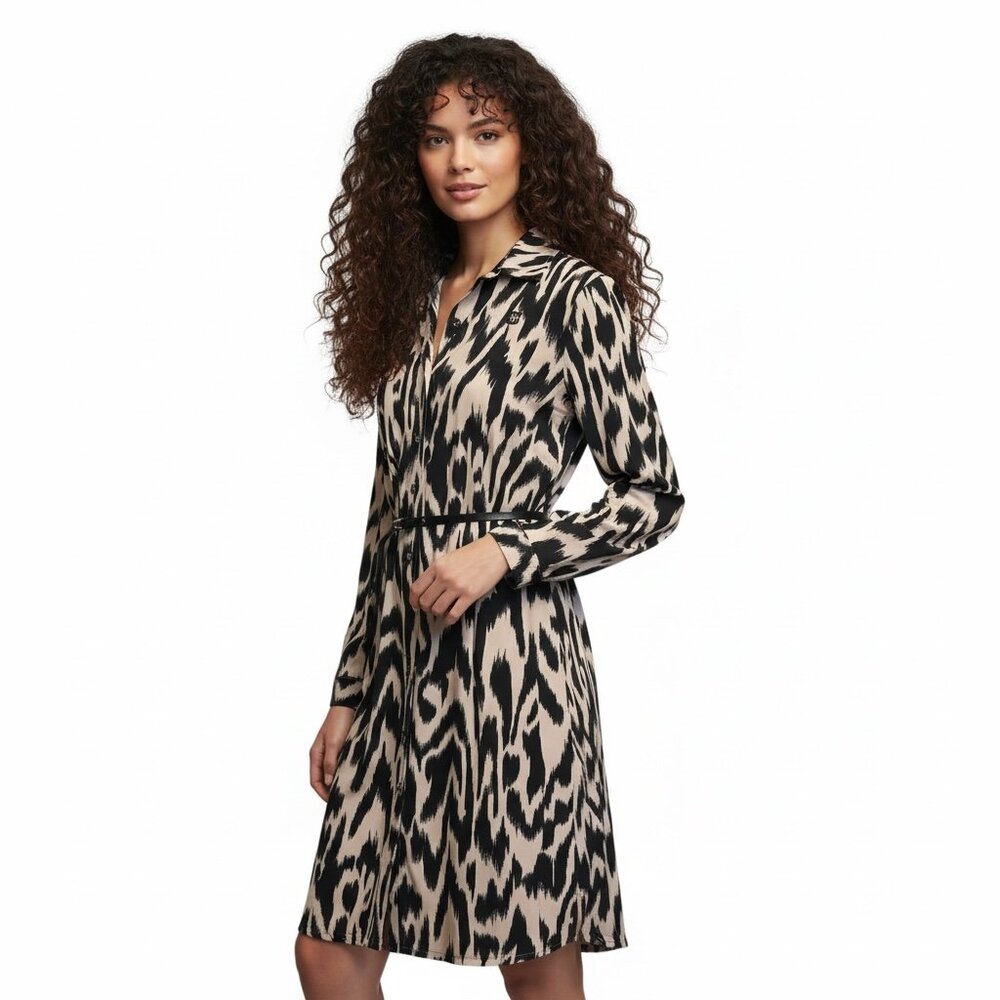 Anne Klein Ikat Print Belted Shirt Dress - Black/Beige - Size  L
